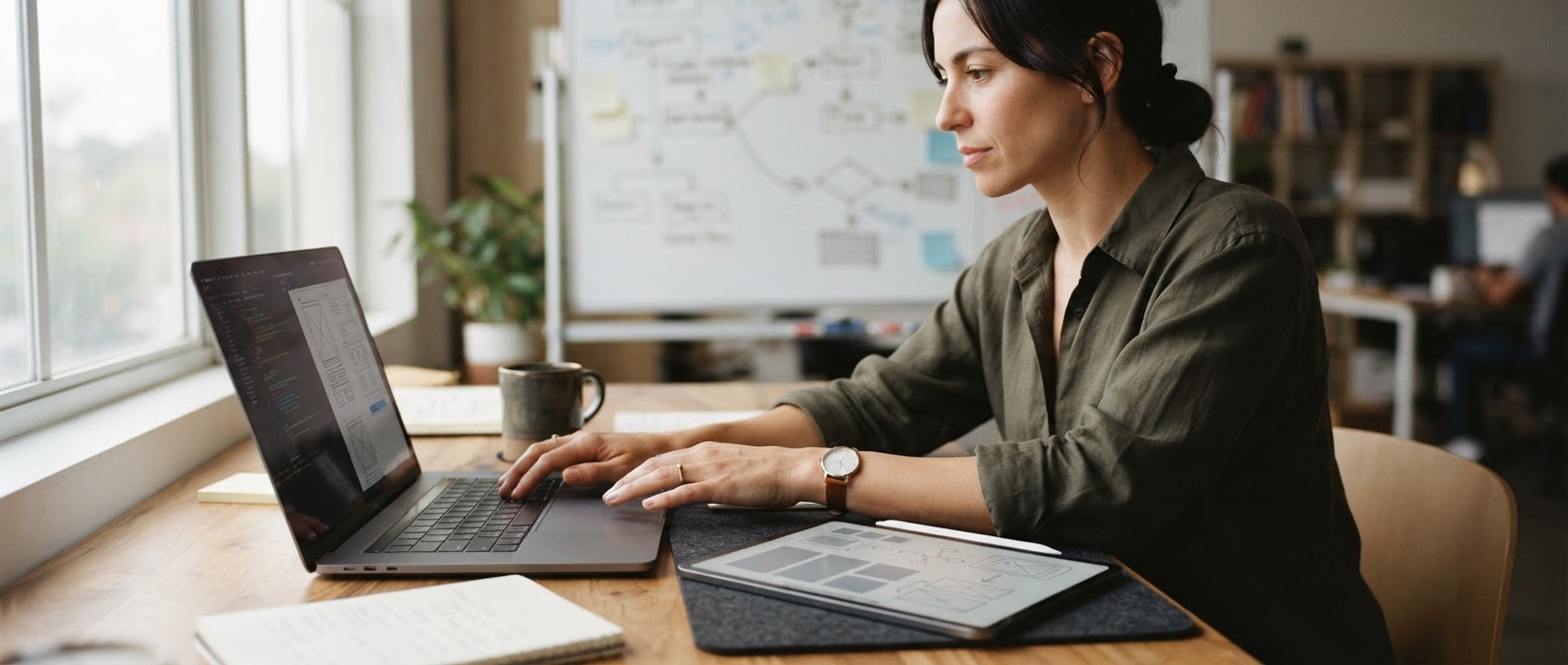 Engineer working on a laptop and tablet in front of a whiteboard workflow diagram