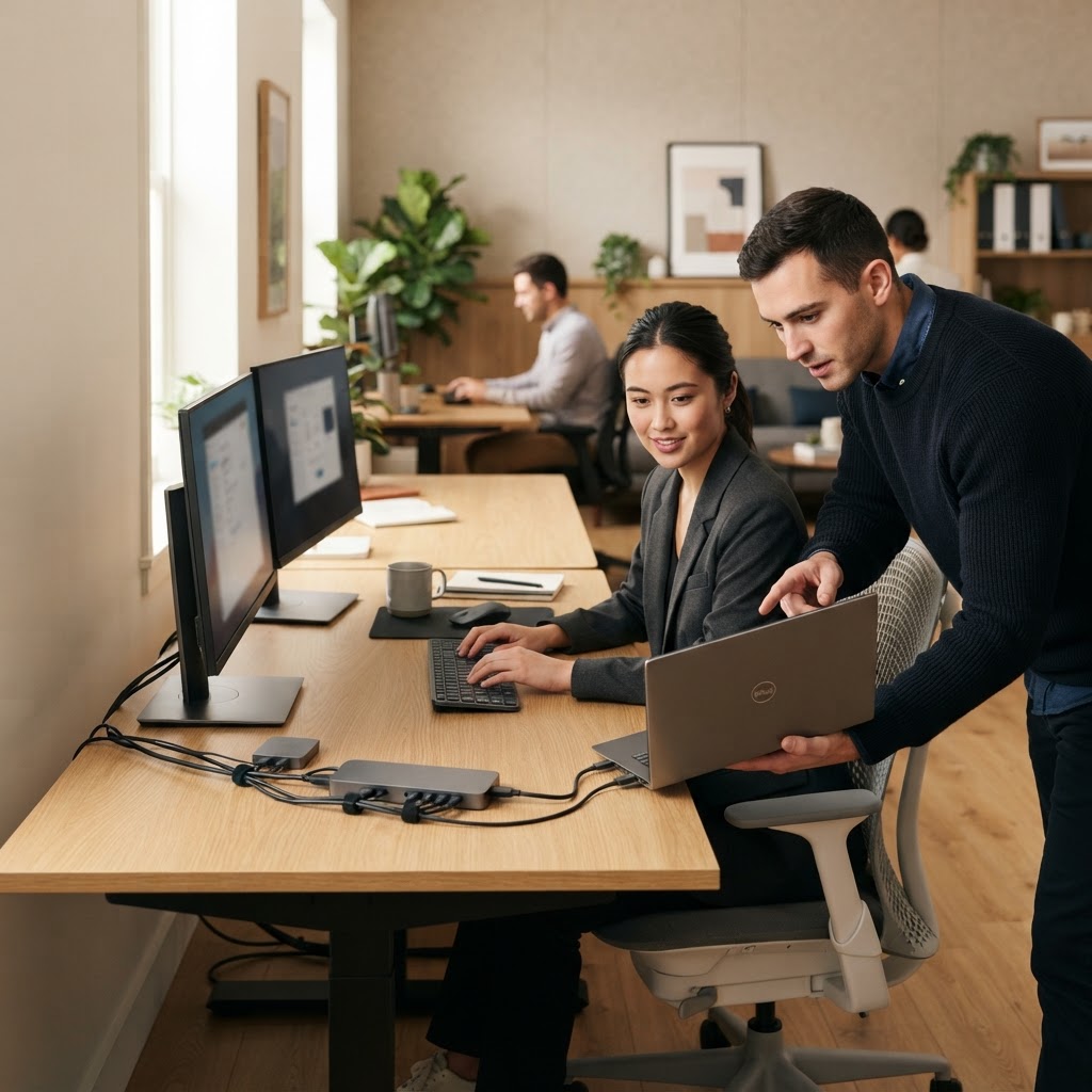IT support specialist helping an employee with a laptop at a dual-monitor workstation