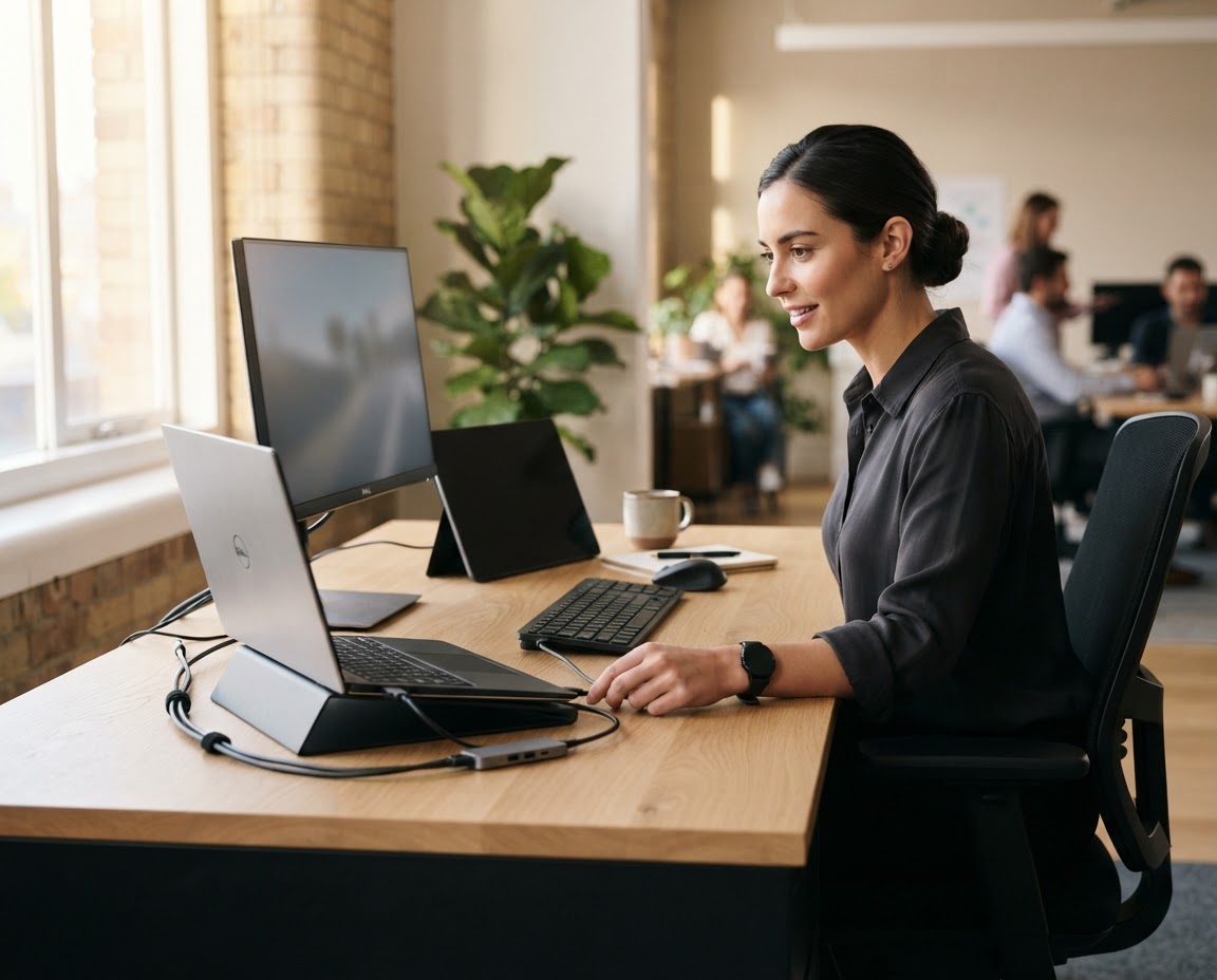 Professional working at a neatly set-up workstation with a laptop, monitor and tablet