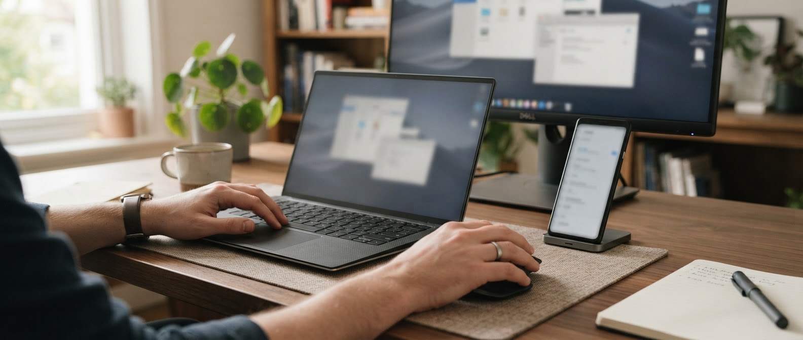 Hands configuring a laptop, external monitor and smartphone at a tidy desk