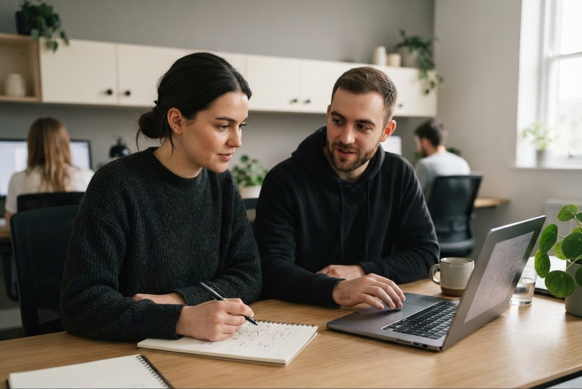 Two colleagues planning a software project, sketching a workflow beside a laptop