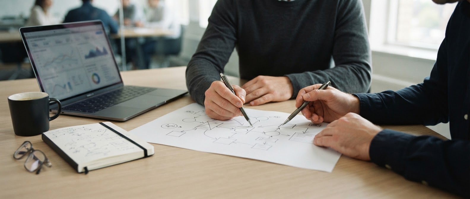 Two professionals sketching a map of business systems on paper beside a laptop showing reports