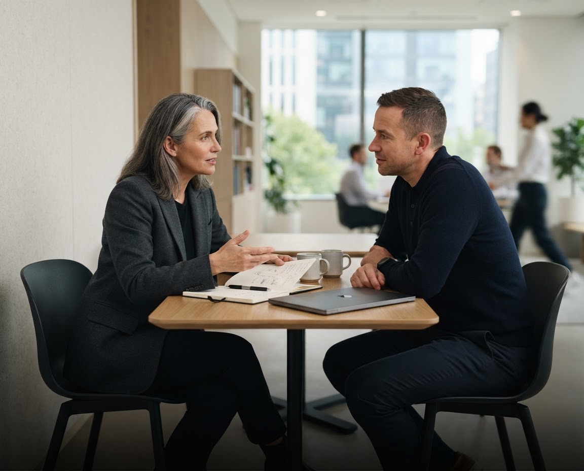 Technology adviser and business leader discussing technology priorities across a meeting table