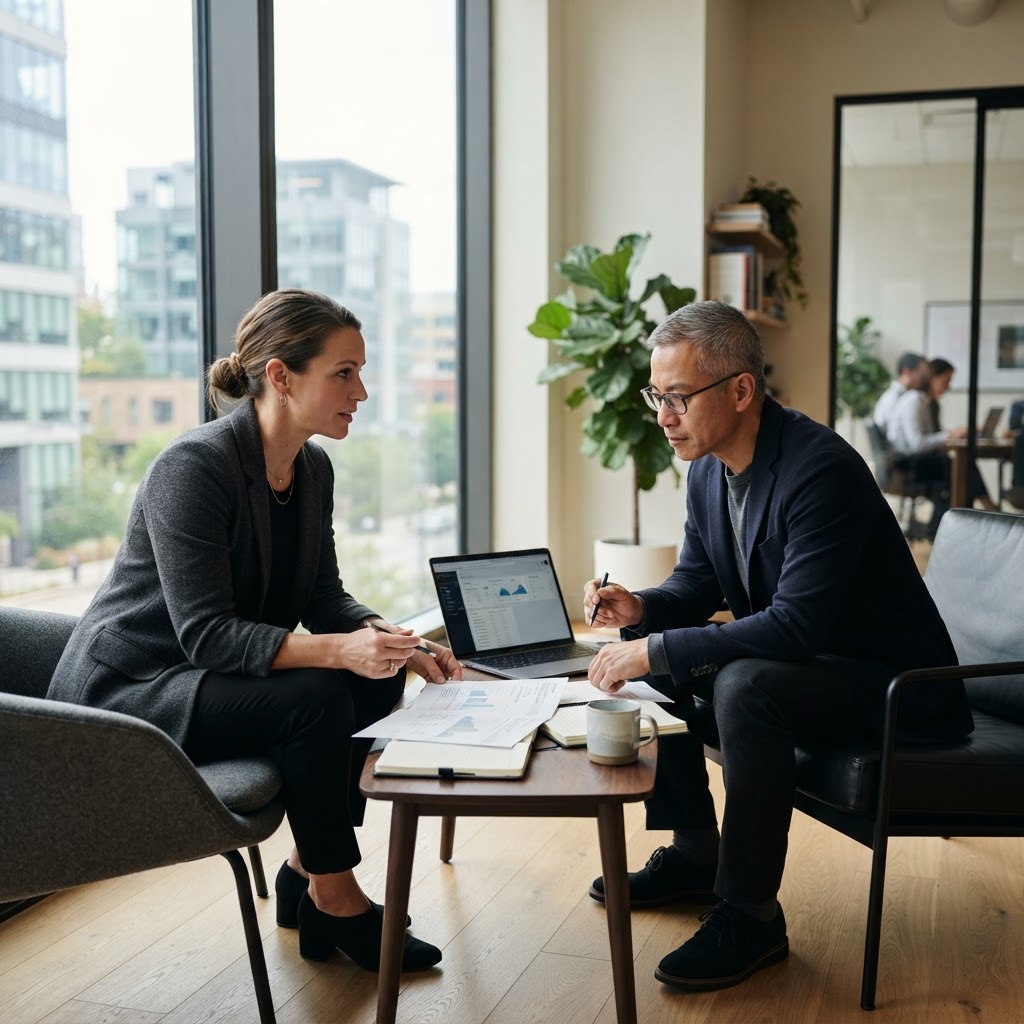 Business owner and technology adviser reviewing reports and a laptop during a strategy consultation